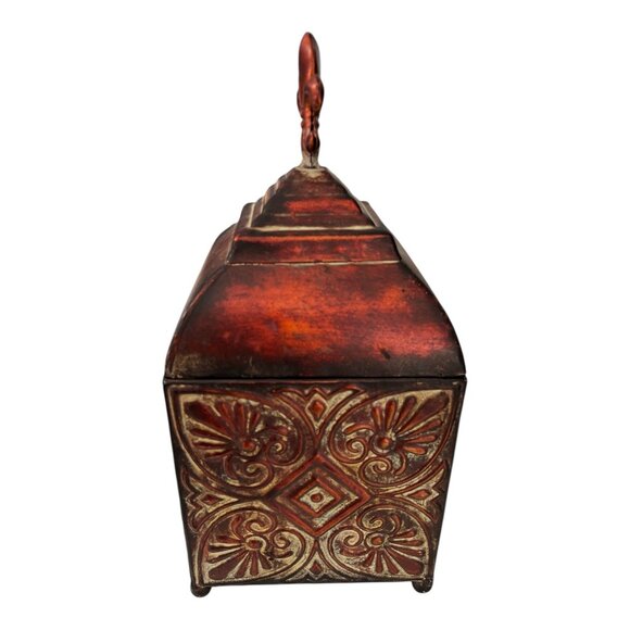 Kirkland’s Decorative Metal Storage Box with Fleur-de-Lis Finial – Red and Gold - Picture 2 of 5